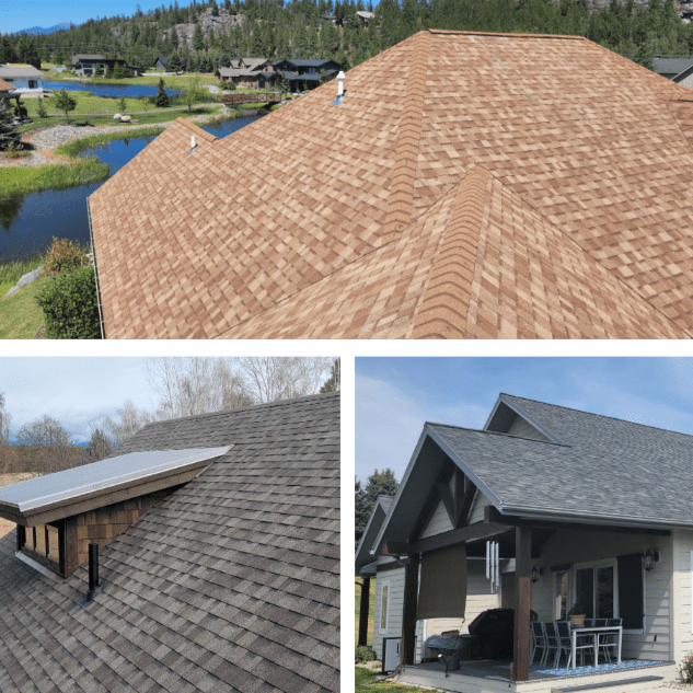images showcasing different colors and styles of shingle roofs installed